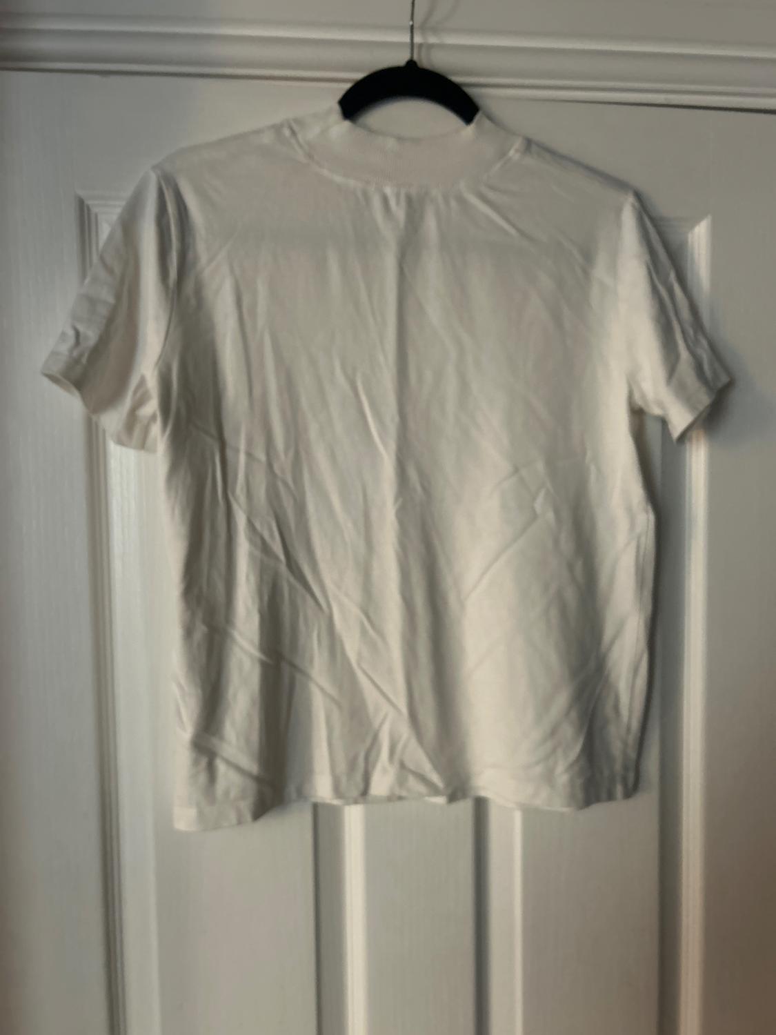White t-shirt hanging on a black hanger over a white door. The fabric is slightly creased.