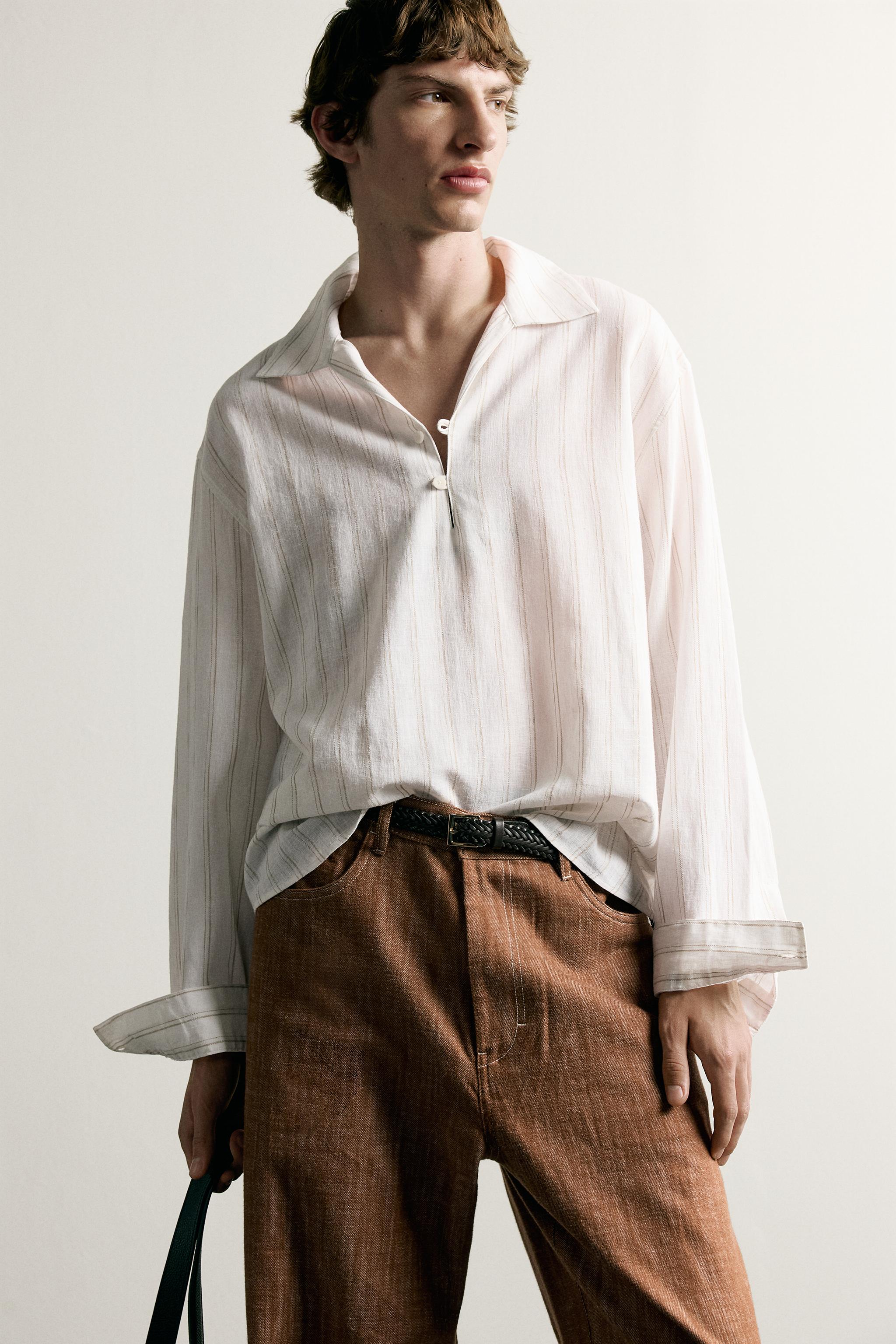 STRIPED COTTON-LINEN POLO SHIRT
