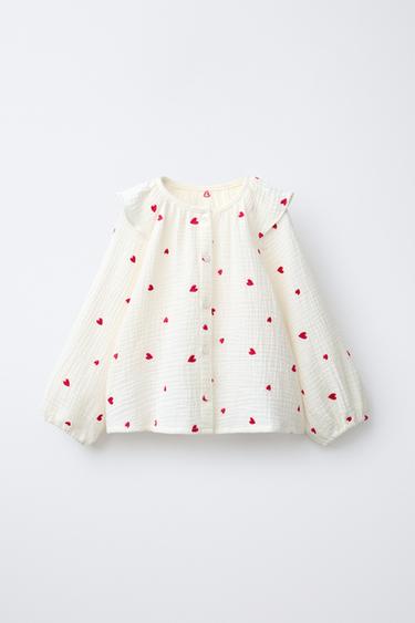 KOŠILE SE STRUKTUROU A VYŠÍVANÝMI SRDÍČKY - Přírodní od Zara