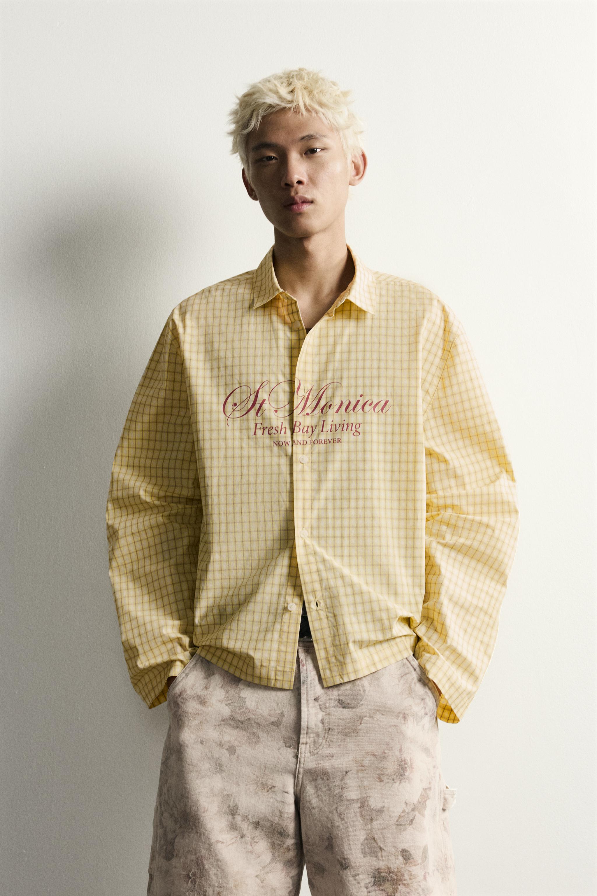 RELAXED FIT PLAID SHIRT WITH PRINTED TEXT — Yellow