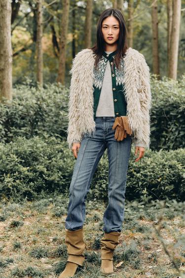 Zara 刷毛流蘇針織開襟衫 - 裸色