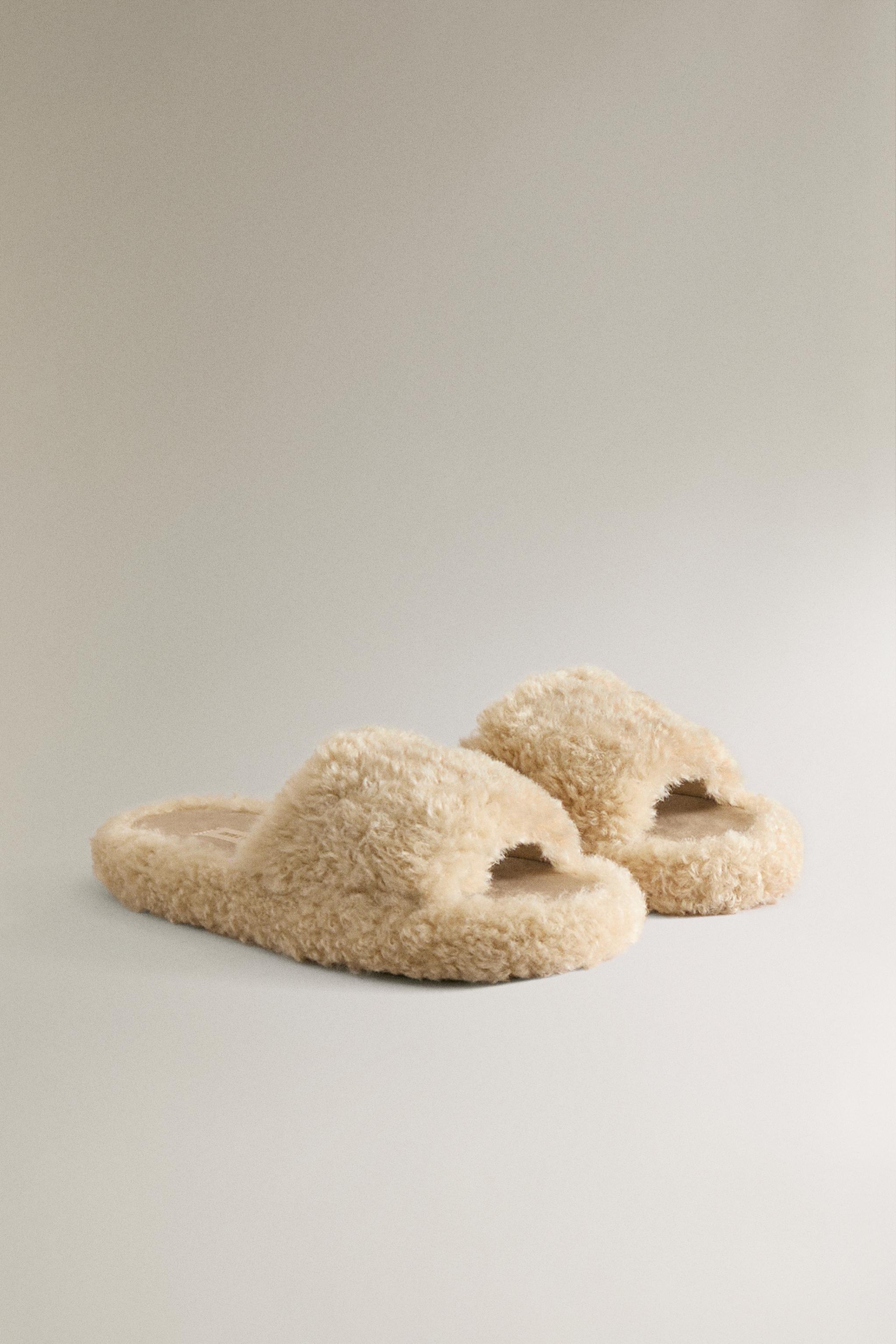 FAUX SHEARLING FLATFORM SLIDES — Taupe Gray
