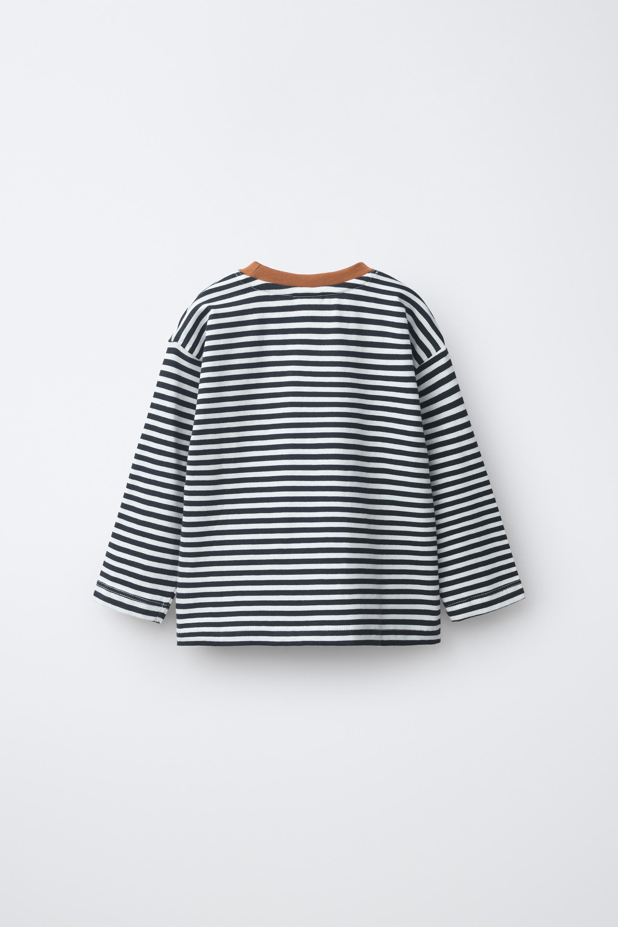 STRIPED CONTRAST COLLAR T-SHIRT — Black / White