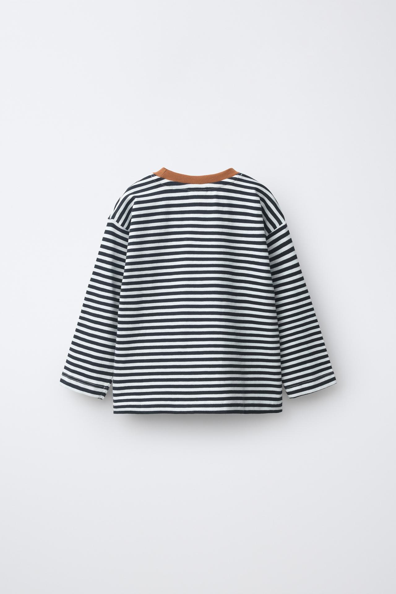 STRIPED CONTRAST COLLAR T-SHIRT — Black / White