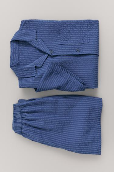 6-14 YEARS/ SEERSUCKER MODAL BLEND PYJAMA SHIRT SET — Blue 1