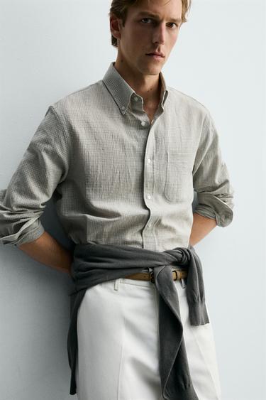 CHECKED LINEN/COTTON SHIRT - Greyish by Zara - Image 4