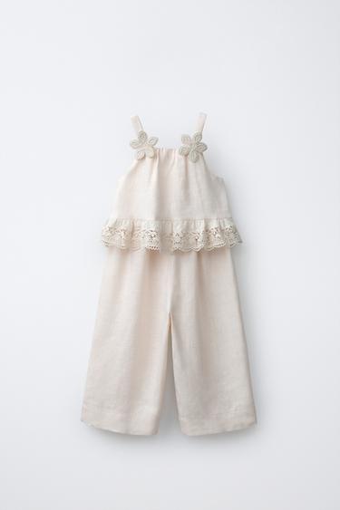 100% LINEN FLORAL LACE JUMPSUIT - Ecru by Zara