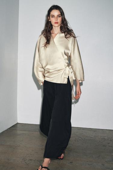 BLOUSE CROISÉE À LACETS AVEC LIN ZW COLLECTION - Beige de Zara - Image 2