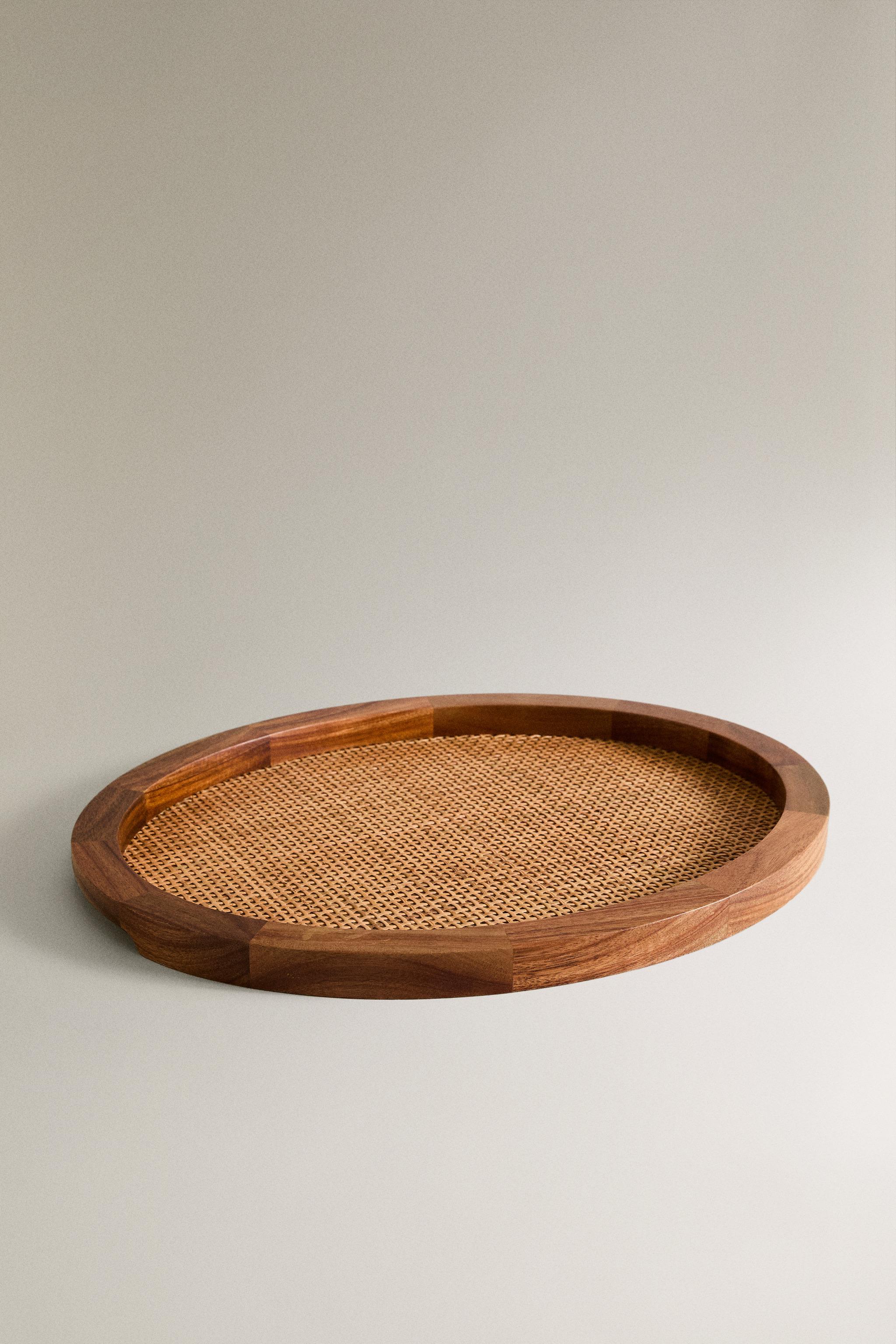 OVAL WOOD RATTAN TRAY — Brown