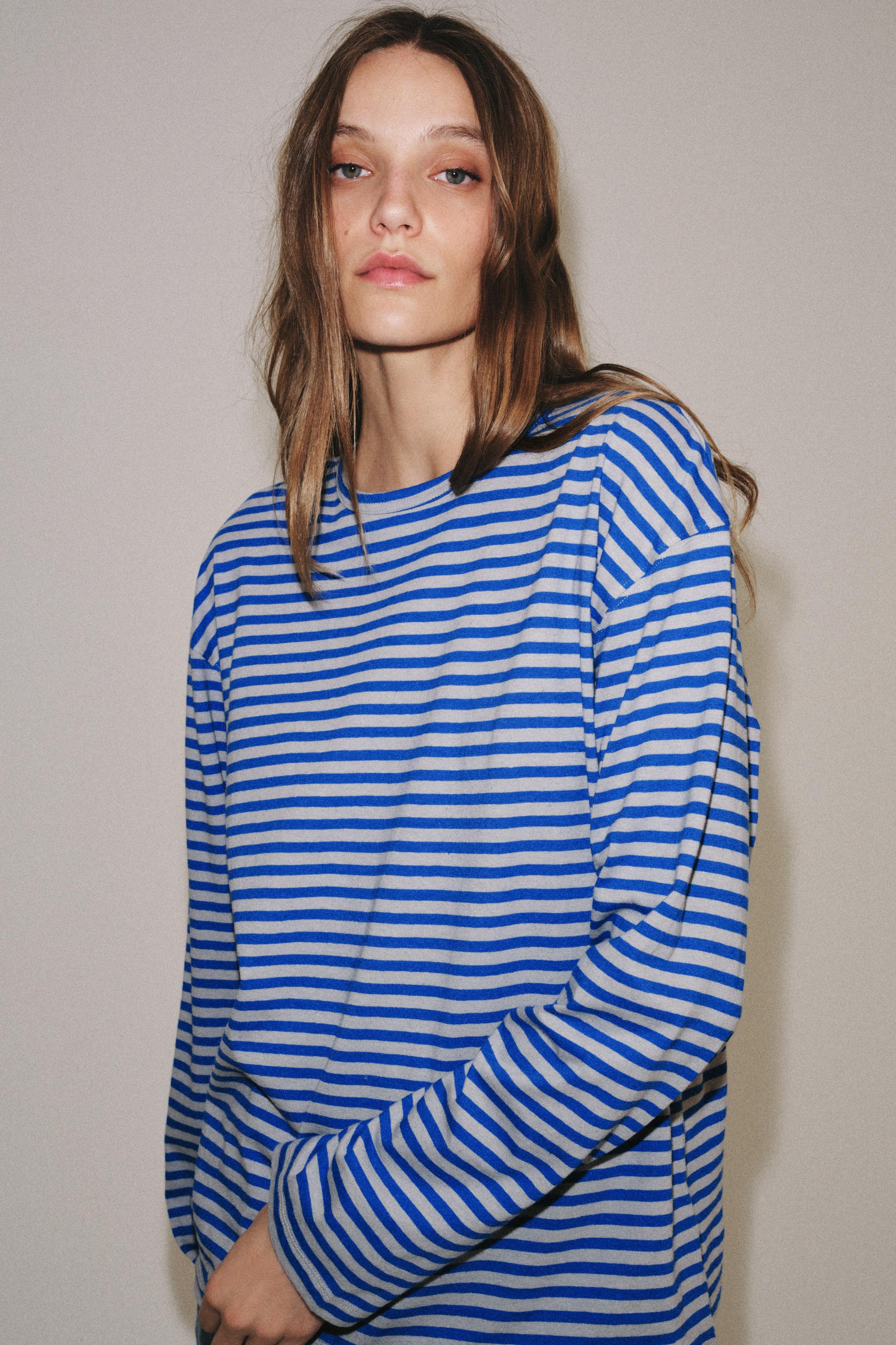 STRIPED COTTON AND LINEN T-SHIRT - Grey / Blue | ZARA South Africa