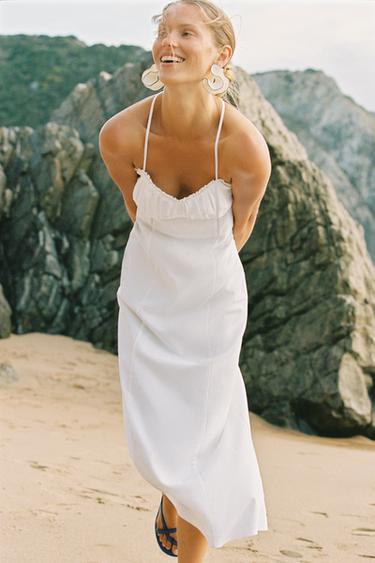 LINEN BLEND MIDI CORSET DRESS - White by Zara