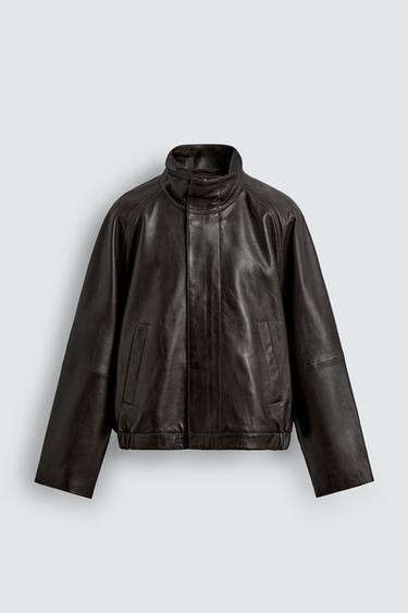 JAQUETA BOMBER DE COURO - Chocolate da Zara
