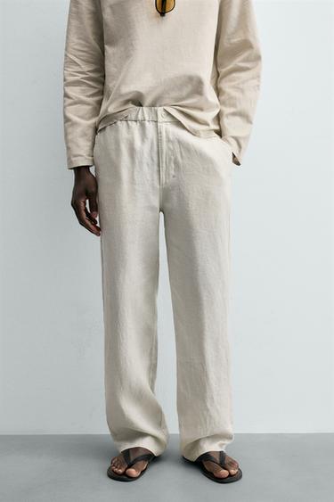 100% LINEN REGULAR FIT TROUSERS - Sand by Zara