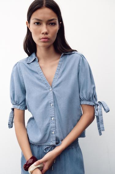 SHORT SLEEVE SHIRT WITH TIES - Light blue by Zara