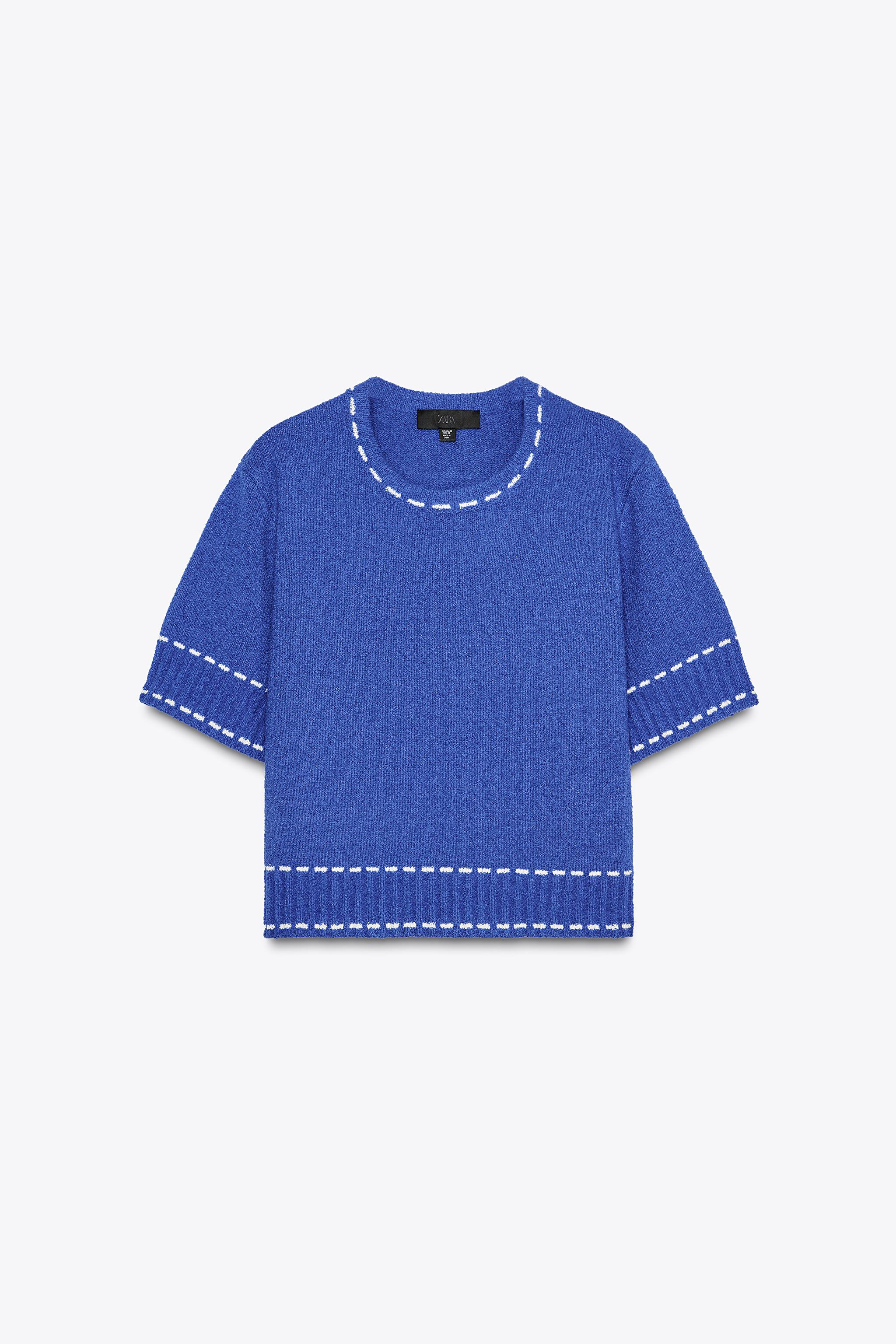 【ZARA】フレンチスリーブニットトップス 濃青 | 2142/056/420 フレンチスリーブニットセーター - 濃青 | ZARA Japan / 日本