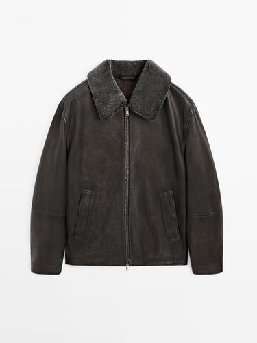 Veste en cuir nappa avec col en peau - Marron foncé de Zara