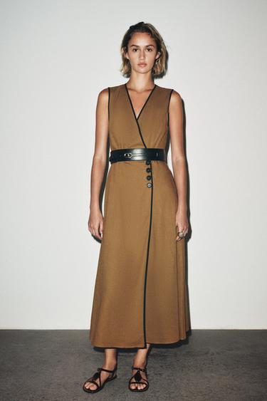 Zara LINEN BELTED MIDI DRESS - Toffee - Image 0