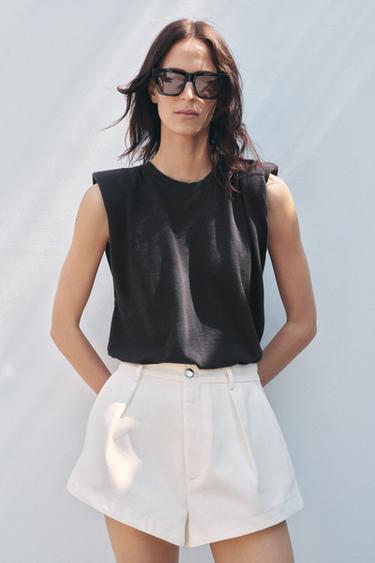 FADED-EFFECT T-SHIRT WITH SHOULDER PADS - Charcoal grey by Zara