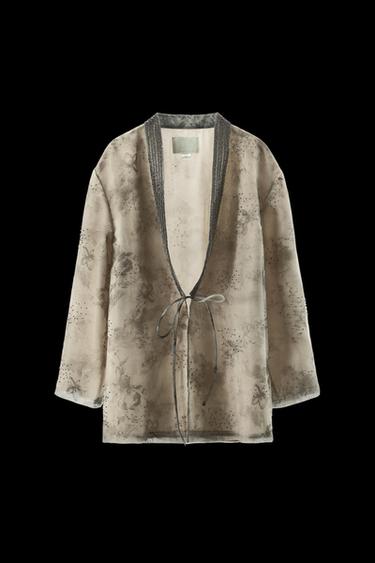 BEADED PRINTED ORGANZA KIMONO - Taupe grey by Zara - Image 0