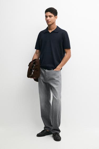 Pull polo en maille de coton mélangé à col en V - Bleu marine de Zara