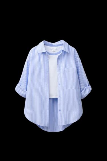 PACK CAMISA RAYAS CON CAMISETA RIB CUELLO CONTRASTE - Azul de Zara