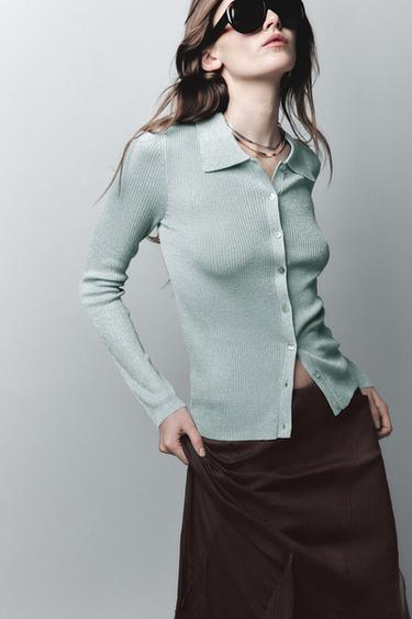 Zara METALLIC YARN KNIT POLO JACKET - Pastel blue