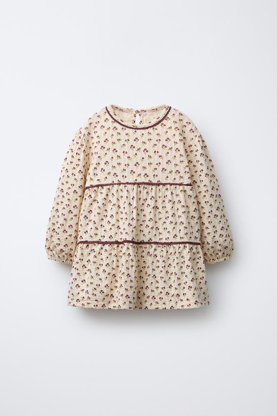 VESTIDO COM TEXTURA E PAINÉIS FLORAIS - Cru da Zara - Imagem 0