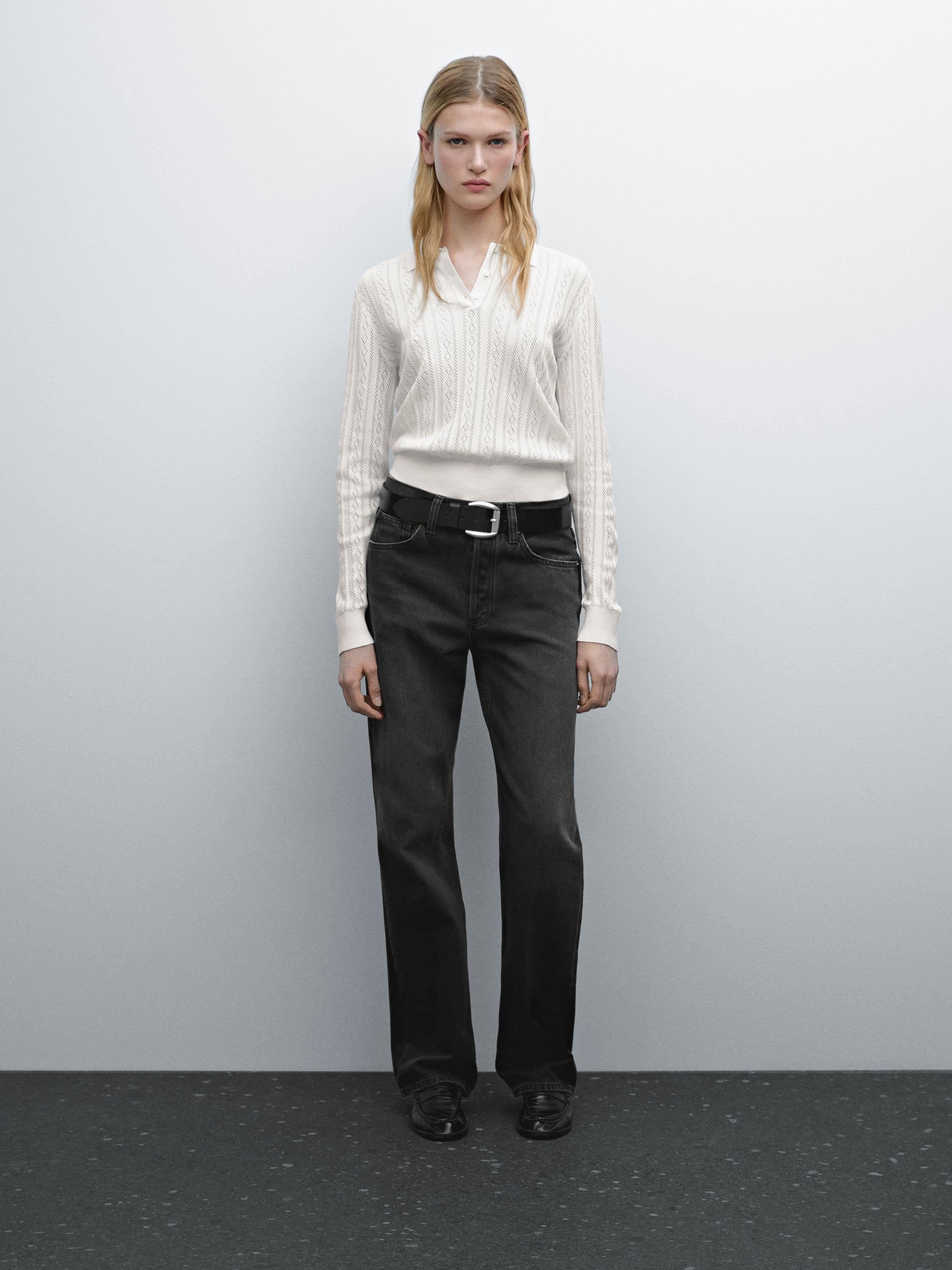 Cotton blend knit polo collar sweater - Ecru | ZARA United