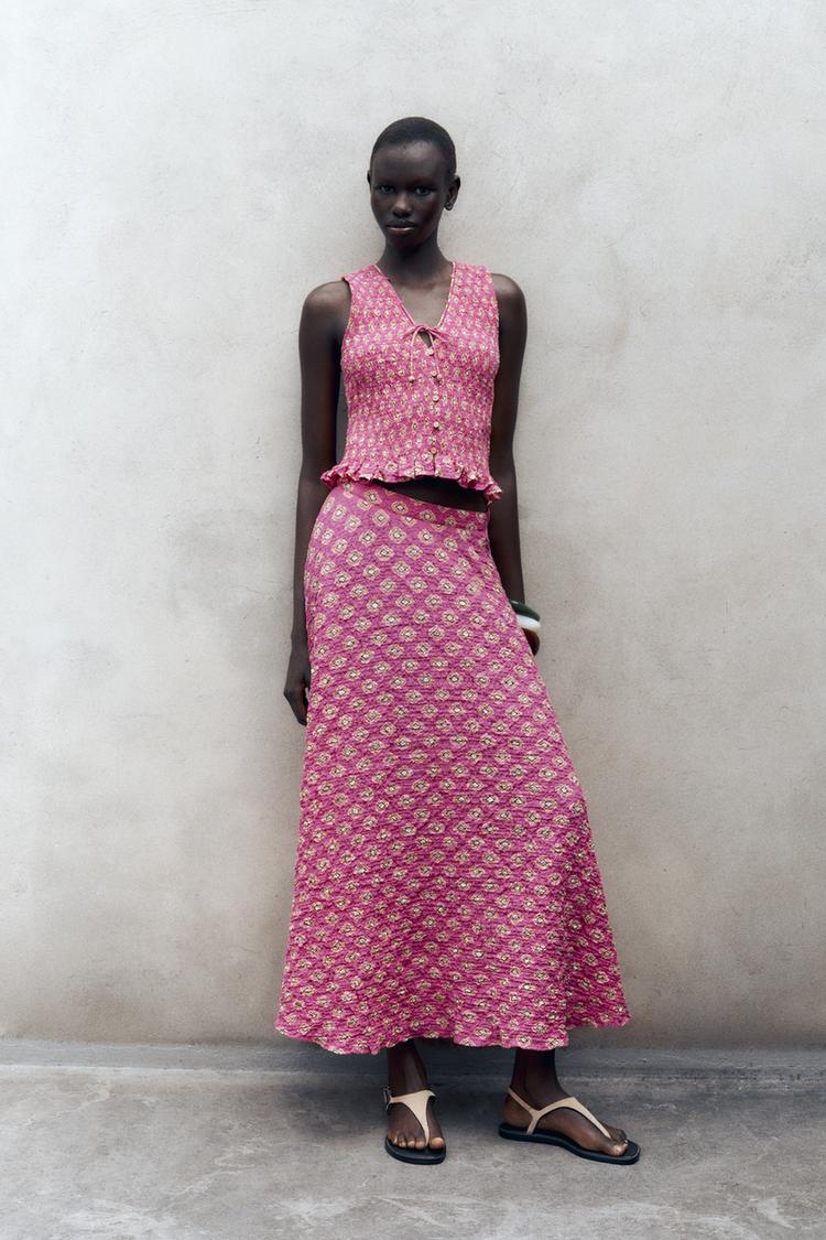 FALDA MIDI ESTAMPADA Fucsia ZARA España1