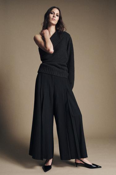 Zara ZW COLLECTION 條紋寬管長褲 - 海藍色