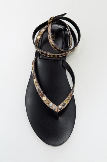 Zara STUDDED LEATHER SANDALS - Beige