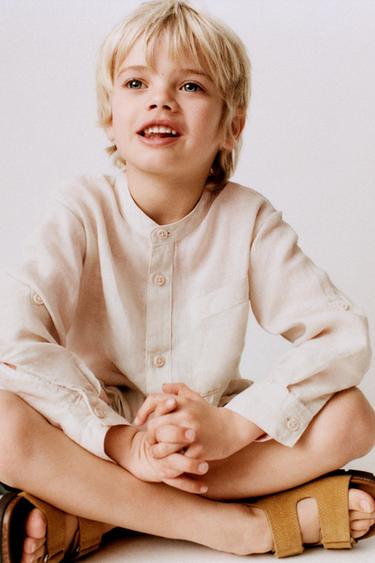 100% LINEN SHIRT WITH STAND COLLAR - Light beige by Zara
