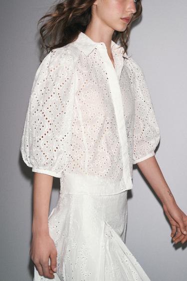 Zara ZW COLLECTION EYELET EMBROIDERED SHIRT - White