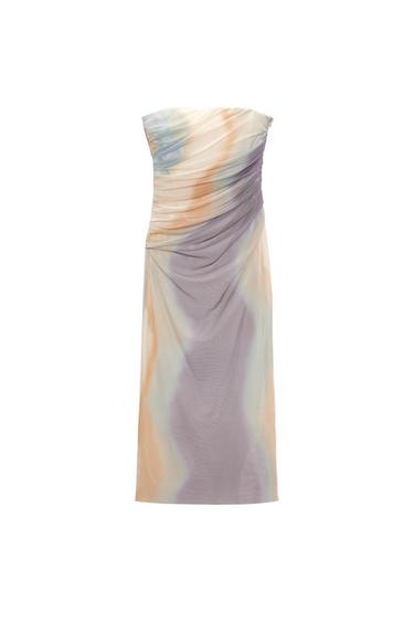 STRAPLESS TULLE TIE-DYE PRINT DRESS
