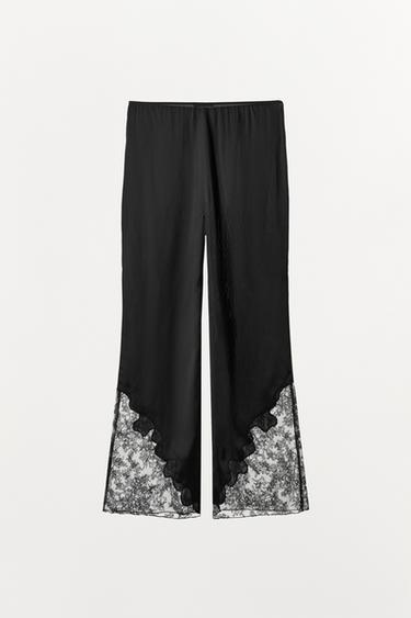PANTALON SATINÉ AVEC DÉTAILS EN DENTELLE - Noir de Zara - Image 4