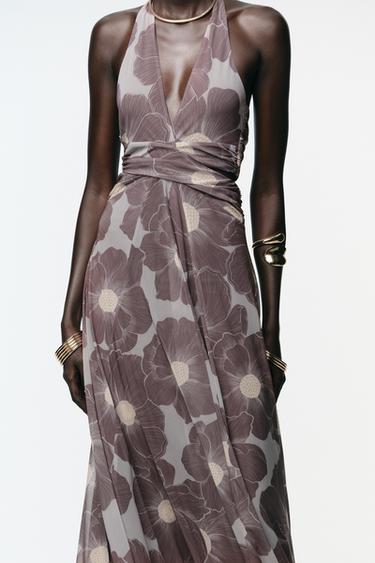 CUT-OUT PRINTED TULLE LONG DRESS - Taupe grey by Zara - Image 2