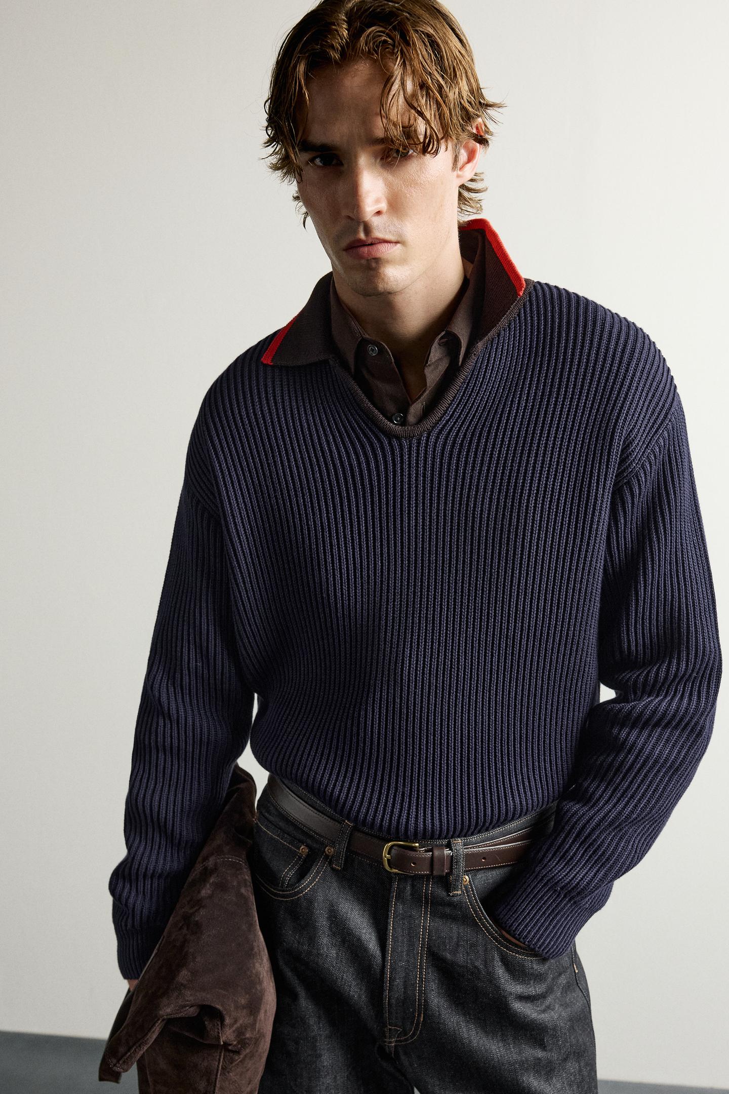Мужское поло Zara Contrast Collar Knit Polo, цвет: Тёмно-синий — фото 5