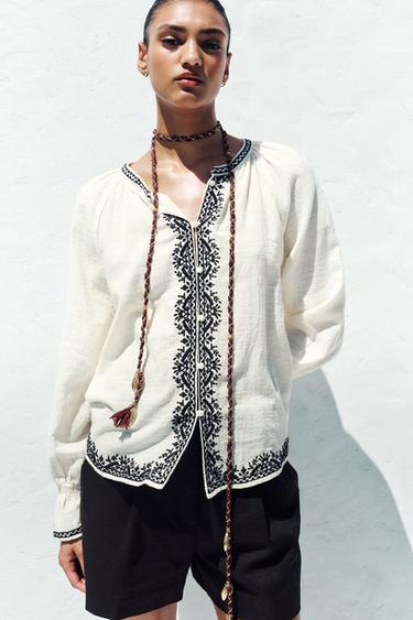 CONTRAST EMBROIDERY SHIRT - Ecru by Zara