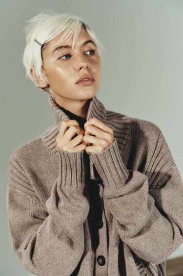 RIBBED TRIM CARDIGAN - Dark camel by Zara