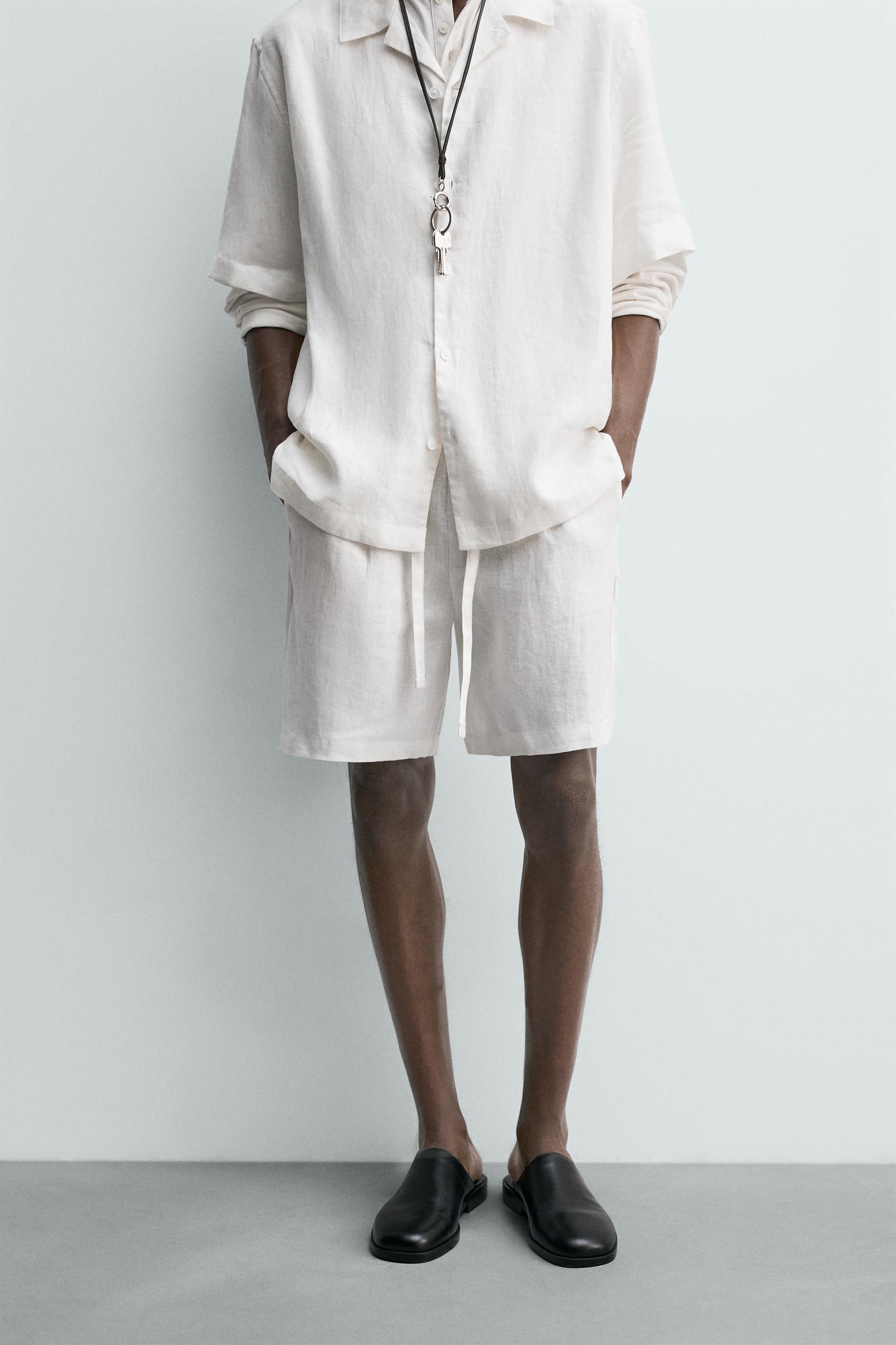 100% LINEN RELAXED FIT SHORTS — White