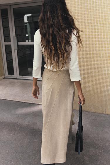 JUPE MI-LONGUE 100 % CUIR - Sable de Zara - Image 3