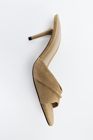 LEREN MULE SANDALEN MET HAK EN VIERKANTE NEUS - Zandbruin van Zara