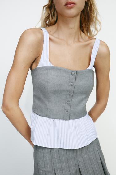 STRIPED COMBINED POPLIN TOP - Grey marl by Zara
