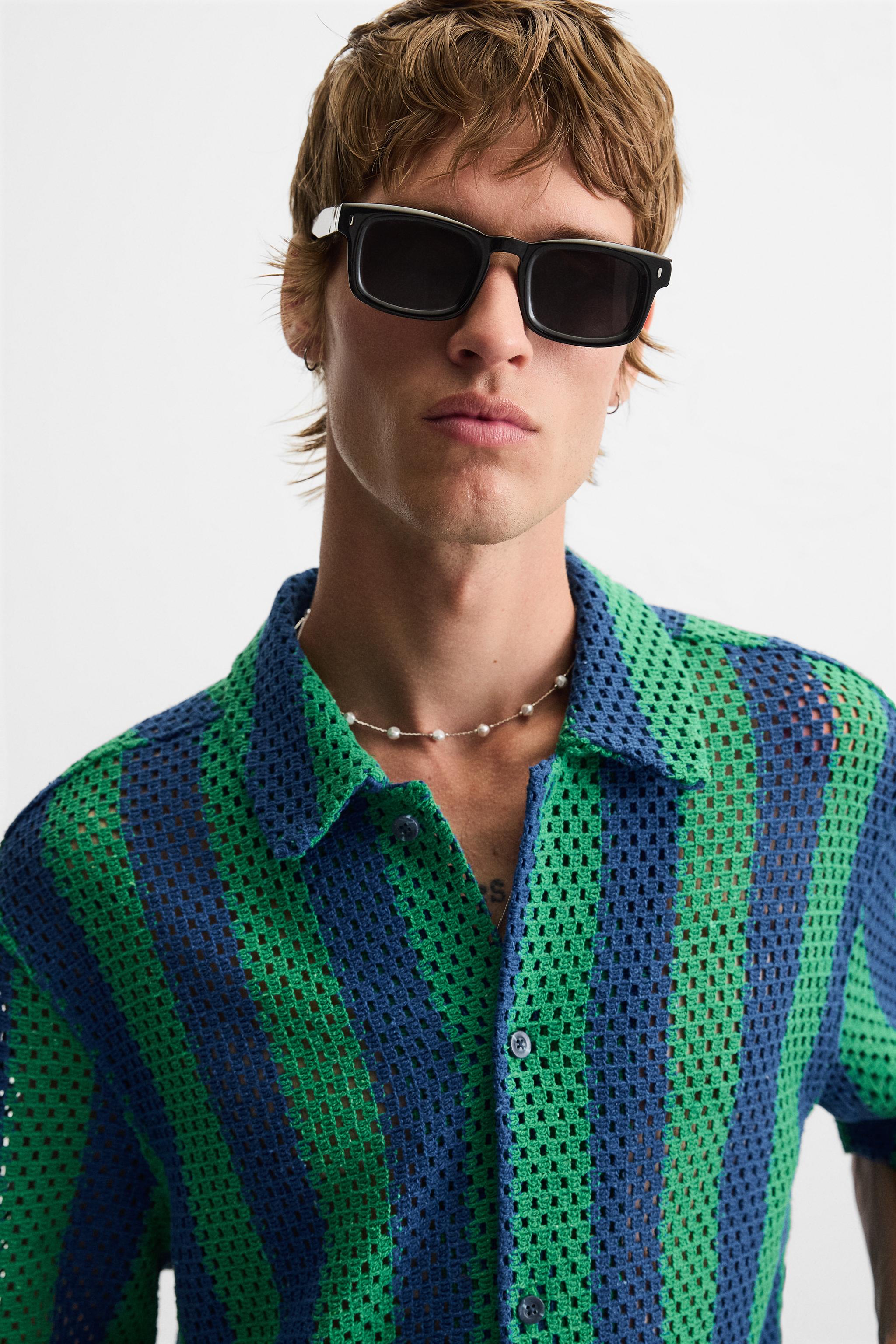 Manga Larga Camisa ZARA De Ganchillo Geométrico Hombre, Blanca