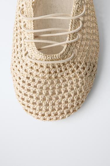 CROCHET LACE-UP BALLERINAS - Ecru White by Zara - Image 3