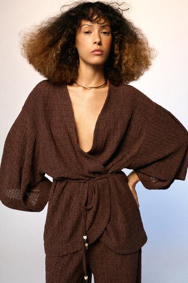 CRINKLE EFFECT BELTED JACKET - Brown by Zara