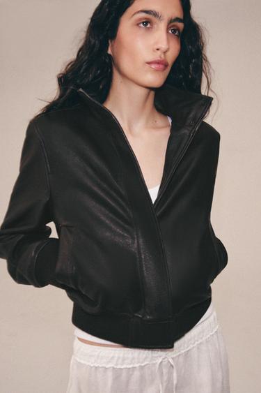 Zara ZW COLLECTION LIMITED EDITION LEATHER BOMBER JACKET WITH SHOULDER PADS - Dark brown