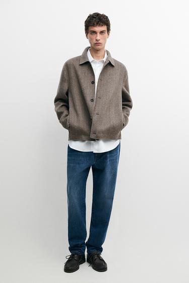 Zara Striped double wool blend jacket - Mink - Image 0