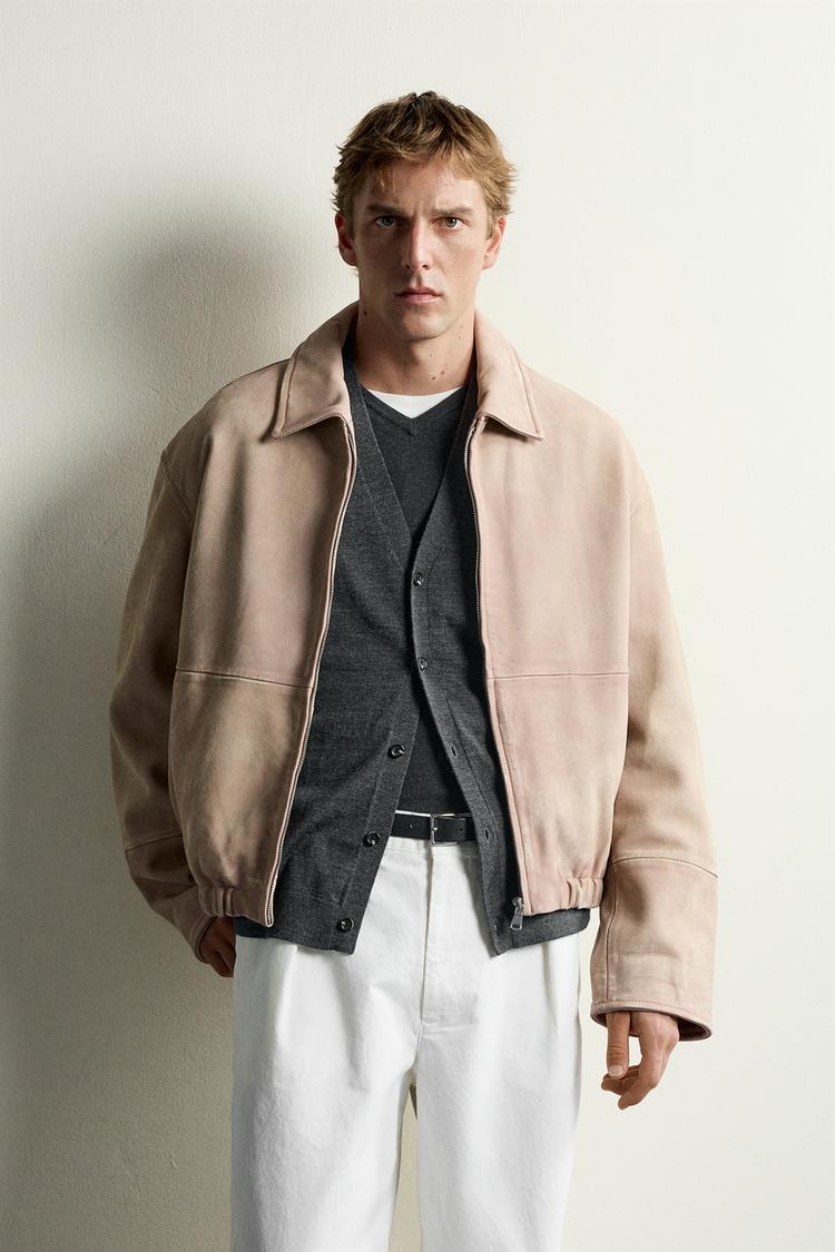 WASHED EFFECT LEATHER JACKET — Chalk pink