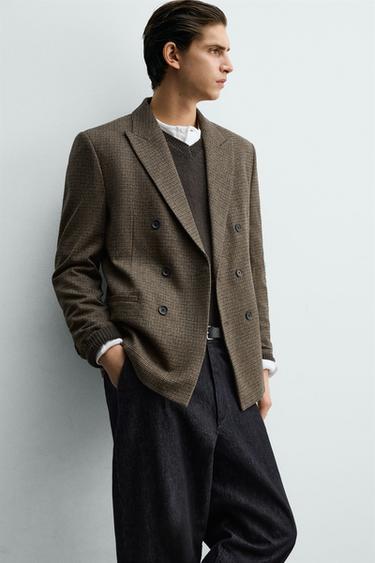 WOOL BLEND CHECK DOUBLE-BREASTED BLAZER - Brown by Zara - Image 4